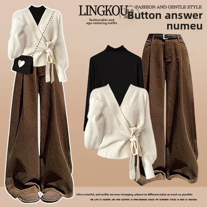 Large Size Autumn Winter Knitted Set Women's Classy V-neck Knot Sweater Base Shirt Casual Pants Three-piece Set
Large Size Autumn Winter Knitted Set Women's Classy V-neck Knot Sweater Base Shirt Casual Pants Three-piece Set