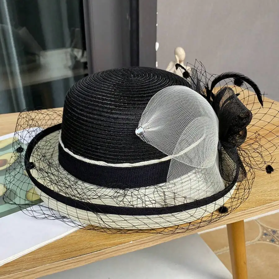 Womens Black Straw Hat With Veil And Feather Decor, Retro Curled Brim Sun Hat
Womens Black Straw Hat With Veil And Feather Decor, Retro Curled Brim Sun Hat