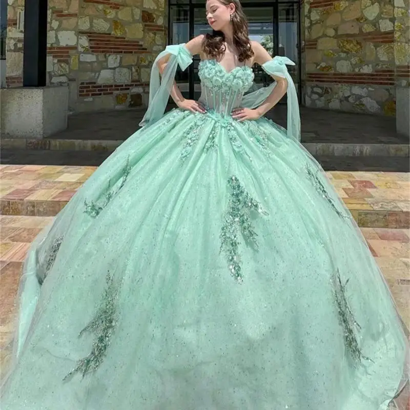 Зеленое платье Quinceanera с открытыми плечами по индивидуальному заказу, бальное платье с бисером и 3D цветами, роскошное платье на день рождения, аппликация, платье принцессы
Зеленое платье Quinceanera с открытыми плечами по индивидуальному заказу, бальное платье с бисером и 3D цветами, роскошное платье на день рождения, аппликация, платье принцессы