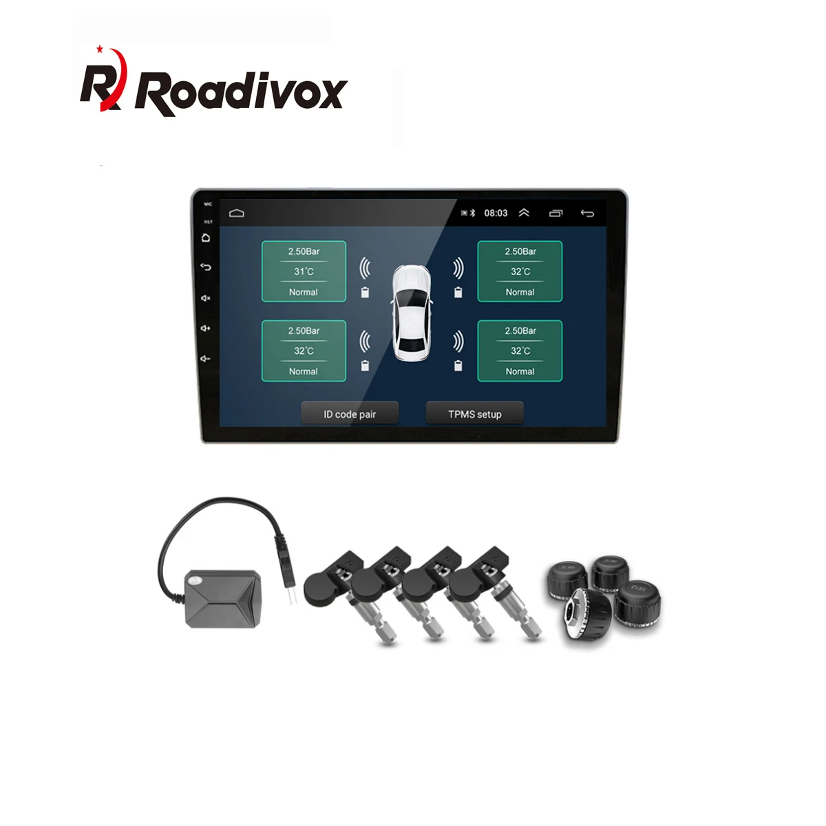 Roadivox USB Android TPMS Tire Pressure Monitor System Display Alarm System Internal External Sensors For Car Navigation Radio
Roadivox USB Android TPMS Tire Pressure Monitor System Display Alarm System Internal External Sensors For Car Navigation Radio