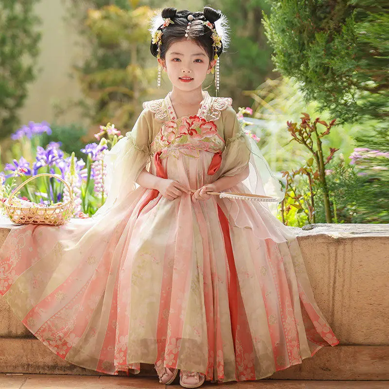 Tang Dynasty girls' Hanfu, ancient style heavy industry embroidered dress, children's super fairy ancient dress
Tang Dynasty girls' Hanfu, ancient style heavy industry embroidered dress, children's super fairy ancient dress