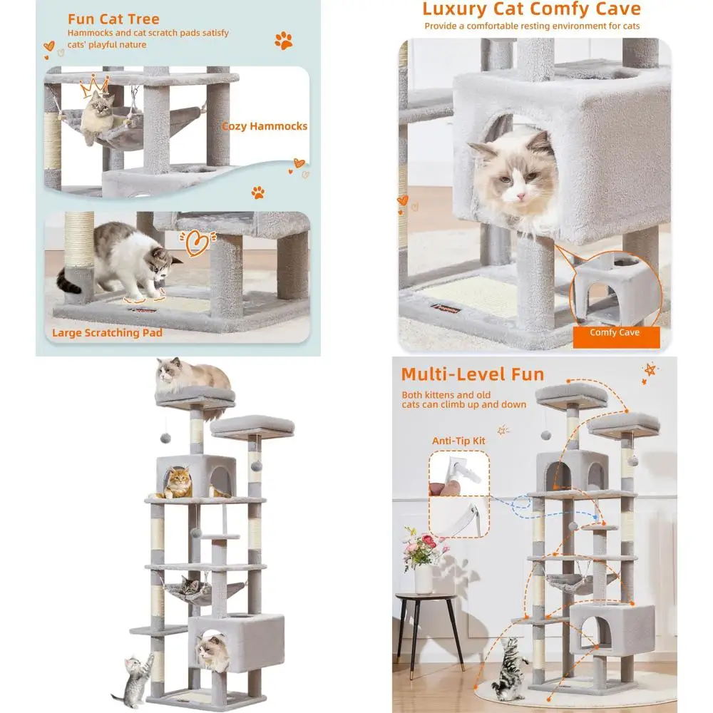 Кошачья лежанка-башня для дома 68 см с плюшевыми уровнями, 6 когтеточками, 2 площадками для отдыха, 2 пещерками, гамаком и помпонами, светло-серая
Кошачья лежанка-башня для дома 68 см с плюшевыми уровнями, 6 когтеточками, 2 площадками для отдыха, 2 пещерками, гамаком и помпонами, светло-серая