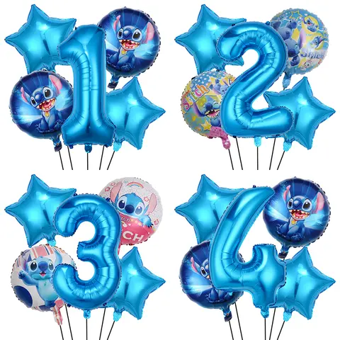 Round Stitch Five-Pointed Star Foil Balloons Set Blue Number 0-9 Years Birthday Balloon Supplies Kids Birthday Party Decoration