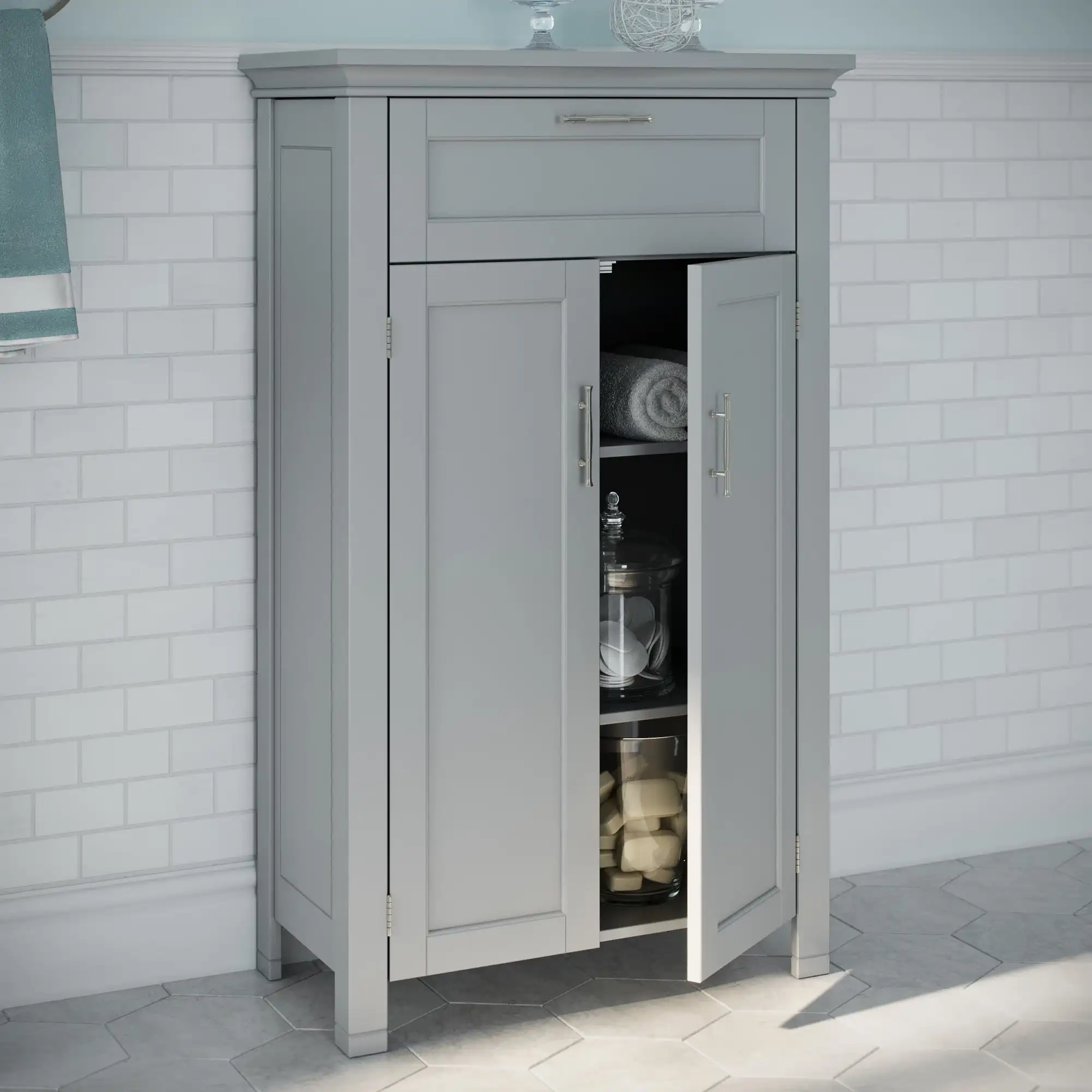 Two Door Floor Cabinet with Drawer, 11.81 X 23.60 X 40.25 Inches Bathroom Cabinet
Two Door Floor Cabinet with Drawer, 11.81 X 23.60 X 40.25 Inches Bathroom Cabinet