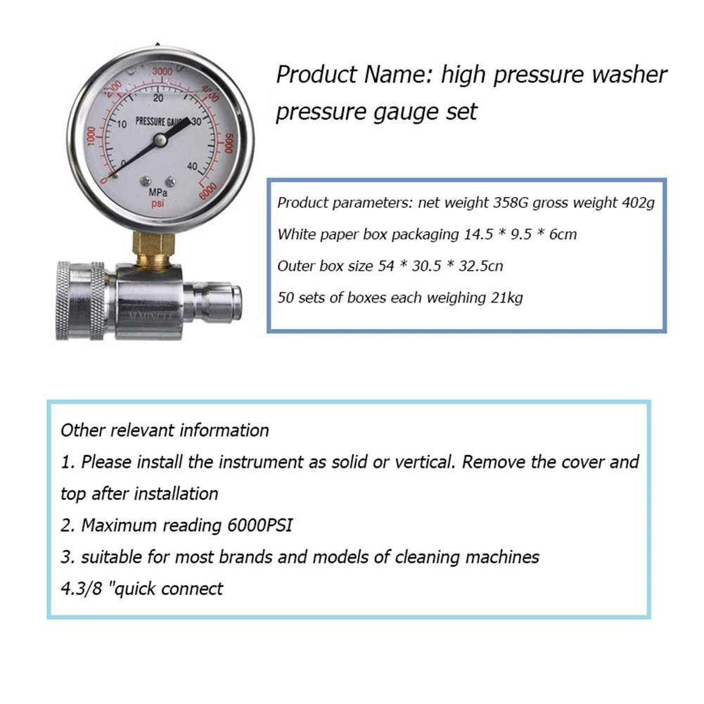 Stainless Steel Pressure Washer Pressure Gauge 6000PSI/40MPa 3/8 inch QD Fitting Telescopic Brush Microfiber Towel
Stainless Steel Pressure Washer Pressure Gauge 6000PSI/40MPa 3/8 inch QD Fitting Telescopic Brush Microfiber Towel