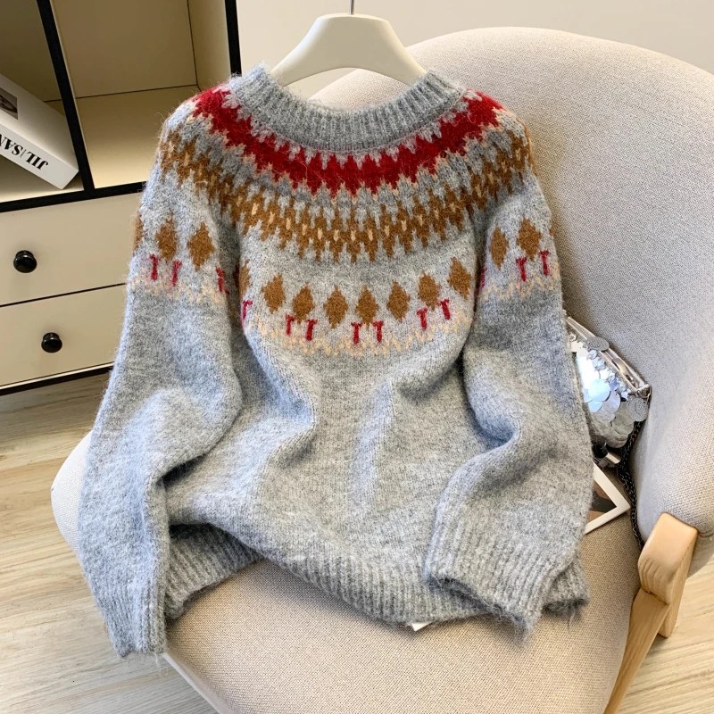 Women's Grey Fair Isle Sweater Vintage 2000s Jumper Knit Pullover Long Sleeves Christmas Cashmere Sweater Spring Autumn Clothes
Women's Grey Fair Isle Sweater Vintage 2000s Jumper Knit Pullover Long Sleeves Christmas Cashmere Sweater Spring Autumn Clothes