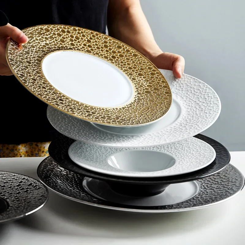 Round Gold Ceramic Dinner Plates Creative Lunar Surface Black Dishes Soup Steak Flat Plate Household Pasta Bowl Tableware
Round Gold Ceramic Dinner Plates Creative Lunar Surface Black Dishes Soup Steak Flat Plate Household Pasta Bowl Tableware