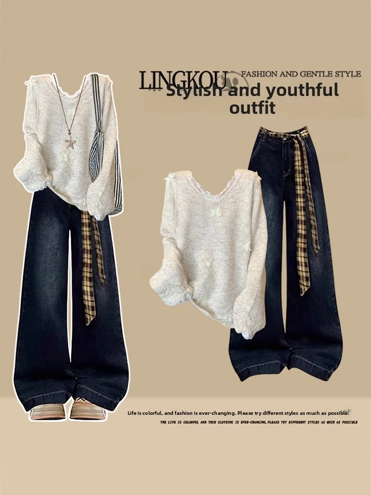 Женский осенний элитный вязаный комплект: мягкий уютный свитер и универсальные джинсы в стиле ретро, повседневный свободный крой, комплект из двух предметов
Женский осенний элитный вязаный комплект: мягкий уютный свитер и универсальные джинсы в стиле ретро, повседневный свободный крой, комплект из двух предметов