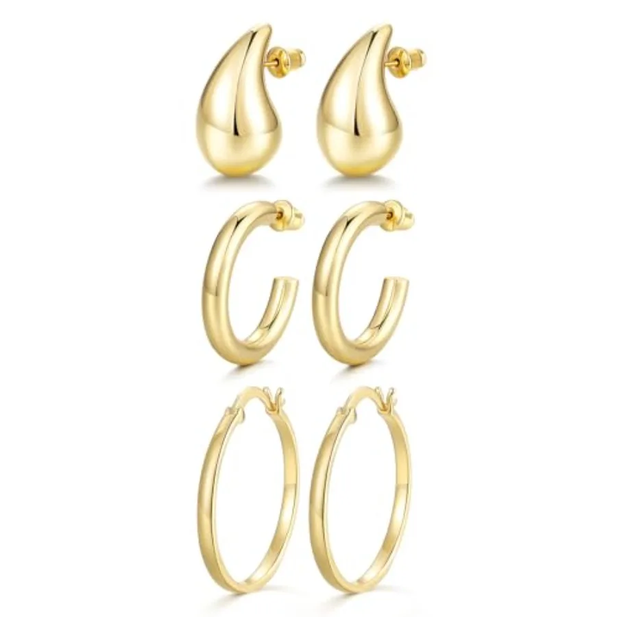 14K Gold Plated Hoop Earrings for Women Ladies Trendy Chunky Open Hoops 3 Pairs Teardrop Lightweight Dainty Hypoallergenic Earr
14K Gold Plated Hoop Earrings for Women Ladies Trendy Chunky Open Hoops 3 Pairs Teardrop Lightweight Dainty Hypoallergenic Earr