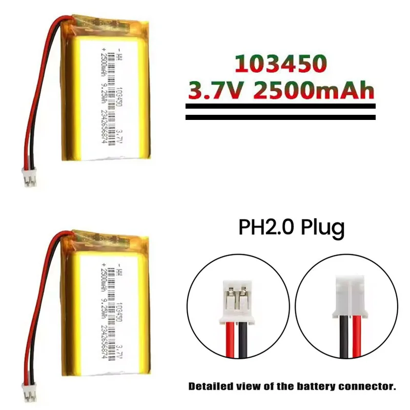 ★103450 3.7V 2500mAh Polymer Lithium Rechargeable Battery jst PH 2.0mm 2pin plug for Camera GPS navigator MP5 Bluetooth Headset
★103450 3.7V 2500mAh Polymer Lithium Rechargeable Battery jst PH 2.0mm 2pin plug for Camera GPS navigator MP5 Bluetooth Headset