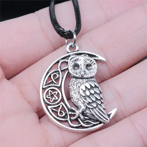 Antique Silver Color 26x33mm Viking Owl Pendant Faux Black Leather Rope Chain Necklace