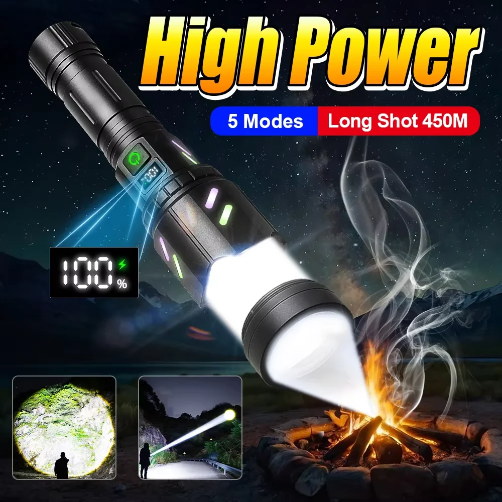 High Power Led Flashlights White Laser 10000000LM Rechargeable Strong Light Tactical Lantern Camping Torch with Spotlight Lens
High Power Led Flashlights White Laser 10000000LM Rechargeable Strong Light Tactical Lantern Camping Torch with Spotlight Lens