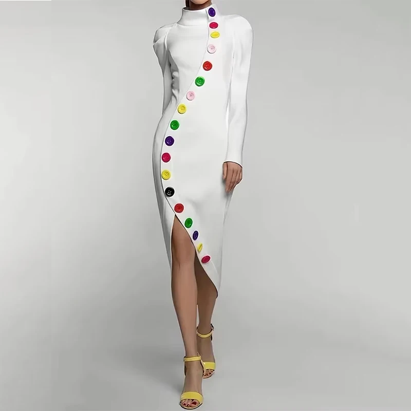 Fashion Colorful Buttoned Bodycon Dress for Women High-Neck Long Sleeves A-line Dress 2025 Autumn X-shape Asymmetrical Dresses
Fashion Colorful Buttoned Bodycon Dress for Women High-Neck Long Sleeves A-line Dress 2025 Autumn X-shape Asymmetrical Dresses