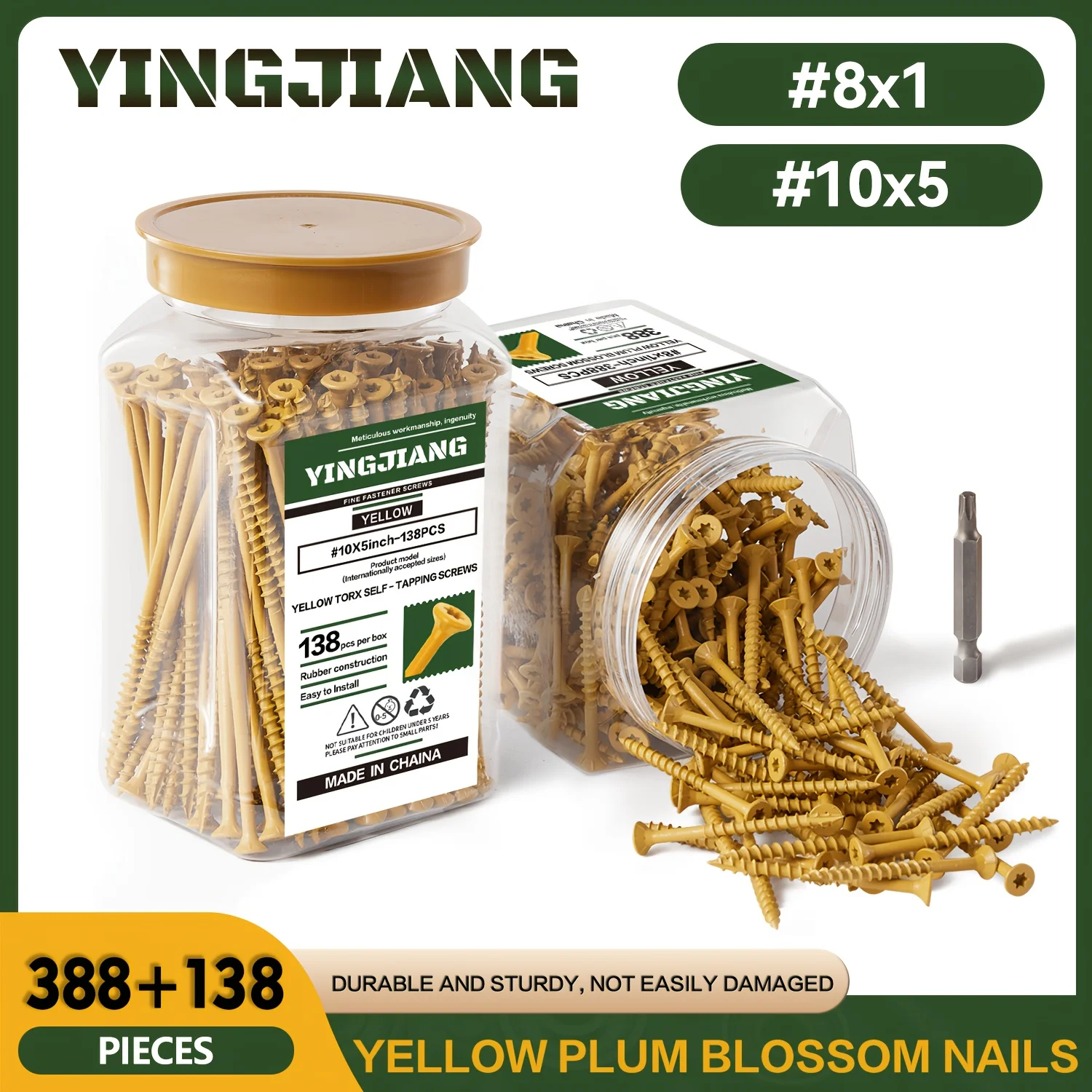 Two Cans Of Yellow Building Fence Screws, 526 # 8X1 Inch And # 10X5 Inch Wooden Deck External Screws Of Different Sizes, Rust Proof, Including 2 T25 Star Shaped Drill Bits, Very Suitable for Home Maintenance Screws, Wooden Board Screws
Two Cans Of Yellow Building Fence Screws, 526 # 8X1 Inch And # 10X5 Inch Wooden Deck External Screws Of Different Sizes, Rust Proof, Including 2 T25 Star Shaped Drill Bits, Very Suitable for Home Maintenance Screws, Wooden Board Screws