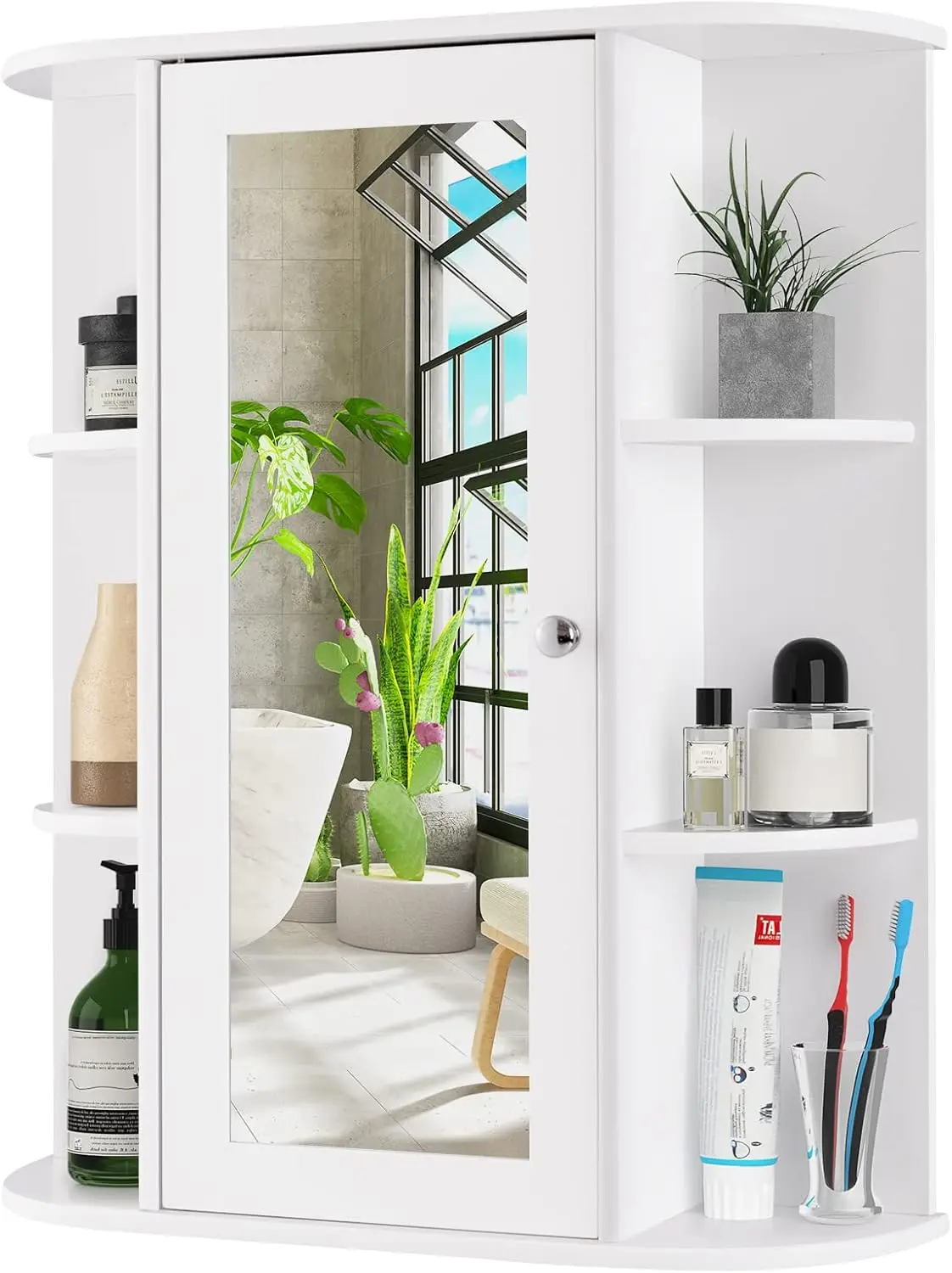 Wall Mounted Bathroom Cabinet, Storage Organizer With Mirror Door, 3 Adjustable Shelves & 6 Open Racks, Space-Saving Hanging
Wall Mounted Bathroom Cabinet, Storage Organizer With Mirror Door, 3 Adjustable Shelves & 6 Open Racks, Space-Saving Hanging