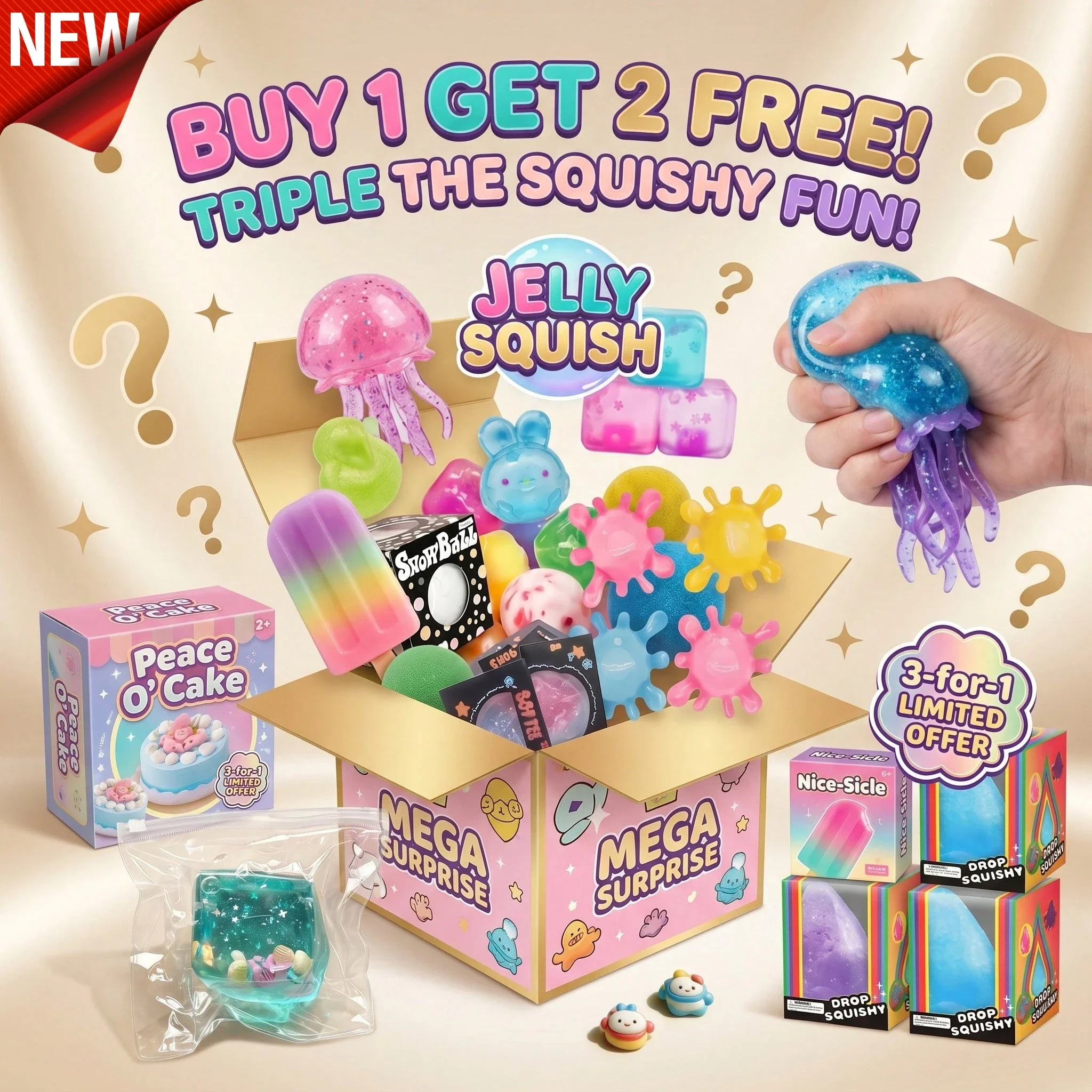 Mega Surprise Jelly Squishy Mystery Box – 3-For-1 Limited Offer, Stress Relief Toys For All Ages
Mega Surprise Jelly Squishy Mystery Box – 3-For-1 Limited Offer, Stress Relief Toys For All Ages
