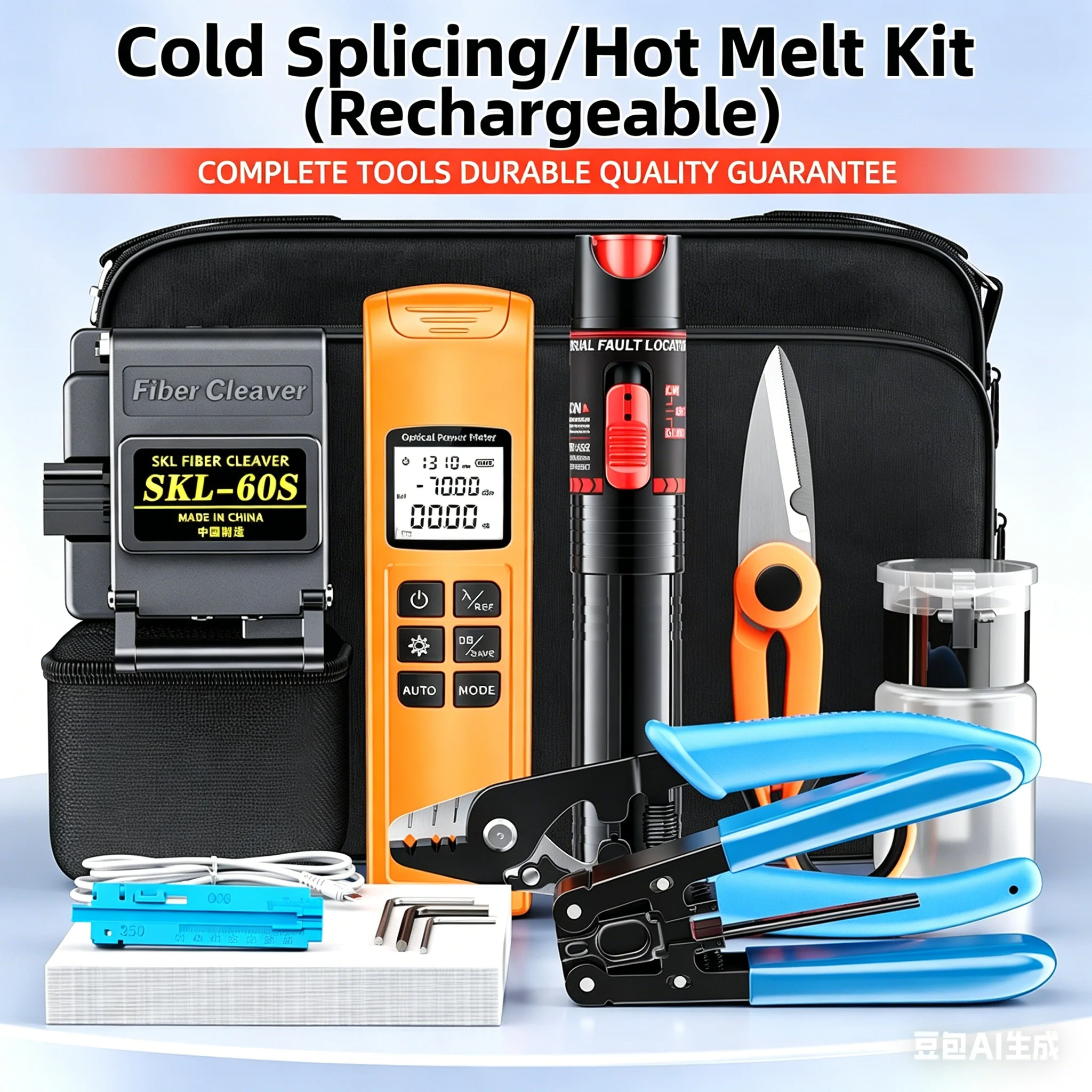 Fiber Optic Tool Kit for Power Meter Red Light Pen Cleaver Cold Splice Kit with Miller Clamp and Carrying Case
Fiber Optic Tool Kit for Power Meter Red Light Pen Cleaver Cold Splice Kit with Miller Clamp and Carrying Case