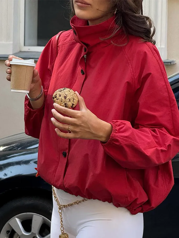 Women Red Single Breasted Buckle Casual Jacket Full Sleeve Pocket Stand Neck Cropped Coat Lady Fashion Highstreet Commute Wear
Women Red Single Breasted Buckle Casual Jacket Full Sleeve Pocket Stand Neck Cropped Coat Lady Fashion Highstreet Commute Wear