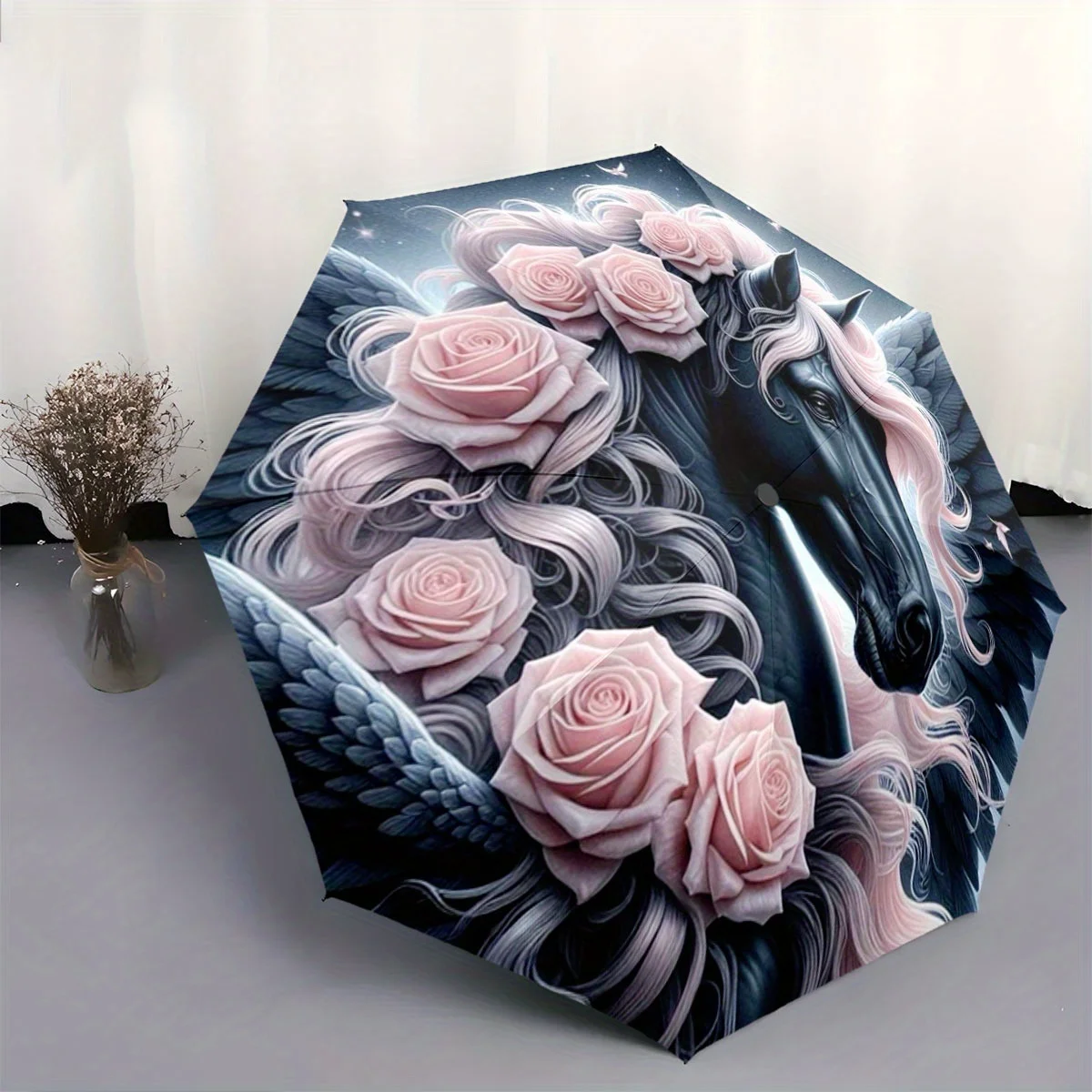 Automatic Folding Umbrella with Black Horse & Pink Roses Design - Portable Collapsible 8-Rib Umbrella for All Seasons, Stylish
Automatic Folding Umbrella with Black Horse & Pink Roses Design - Portable Collapsible 8-Rib Umbrella for All Seasons, Stylish