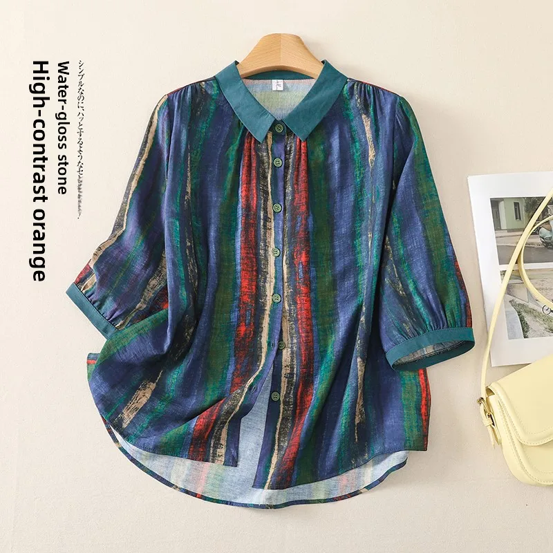 Summer New Stripe Print Cotton Linen plus Size Mommy Style Shirt Short Sleeve Open Cardigan Thin T-Shirt Women's Fashion
Summer New Stripe Print Cotton Linen plus Size Mommy Style Shirt Short Sleeve Open Cardigan Thin T-Shirt Women's Fashion