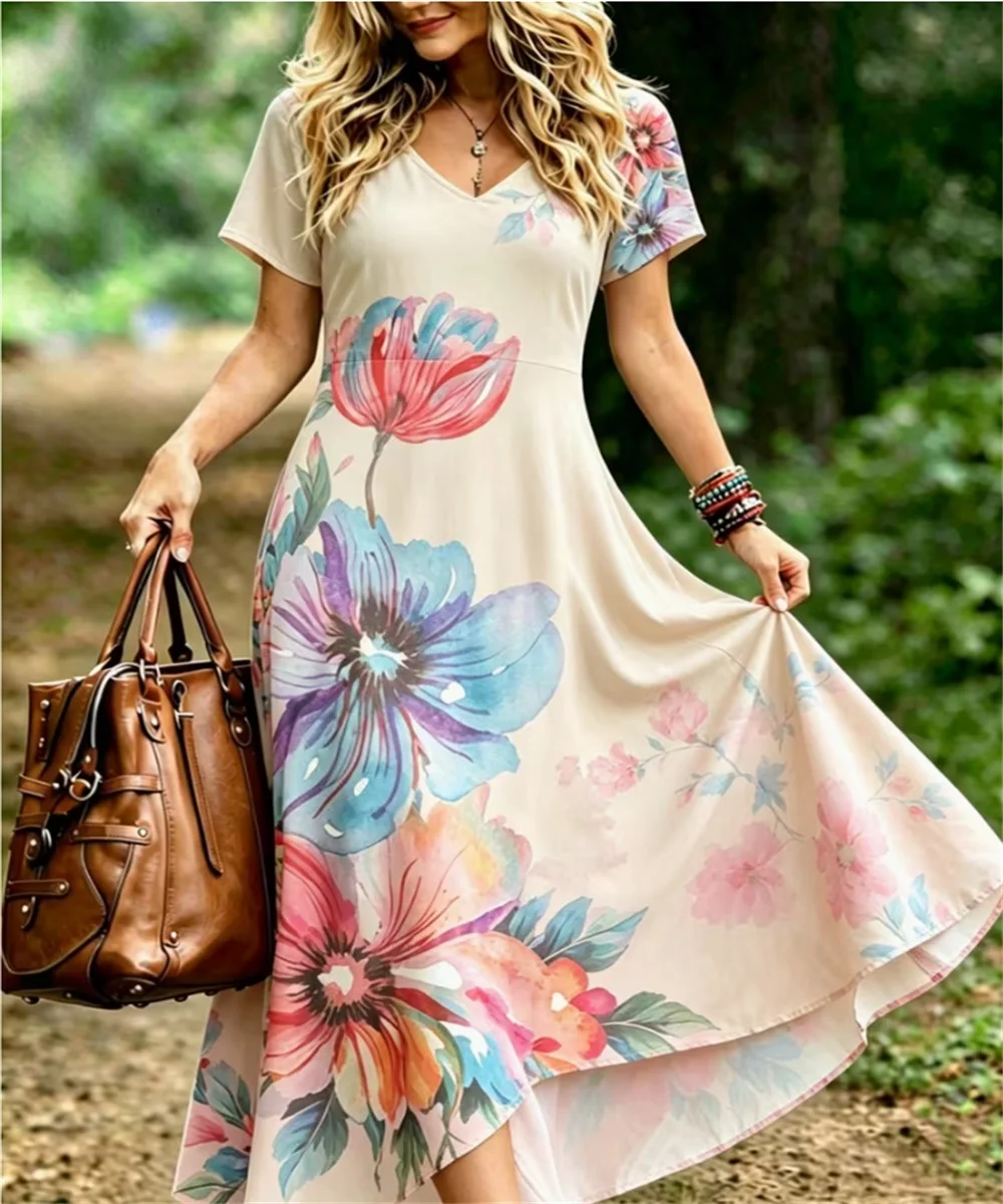 Women's new summer solid color oil painting flower print dress, women's V-neck short sleeved elegant casual long dress
Women's new summer solid color oil painting flower print dress, women's V-neck short sleeved elegant casual long dress
