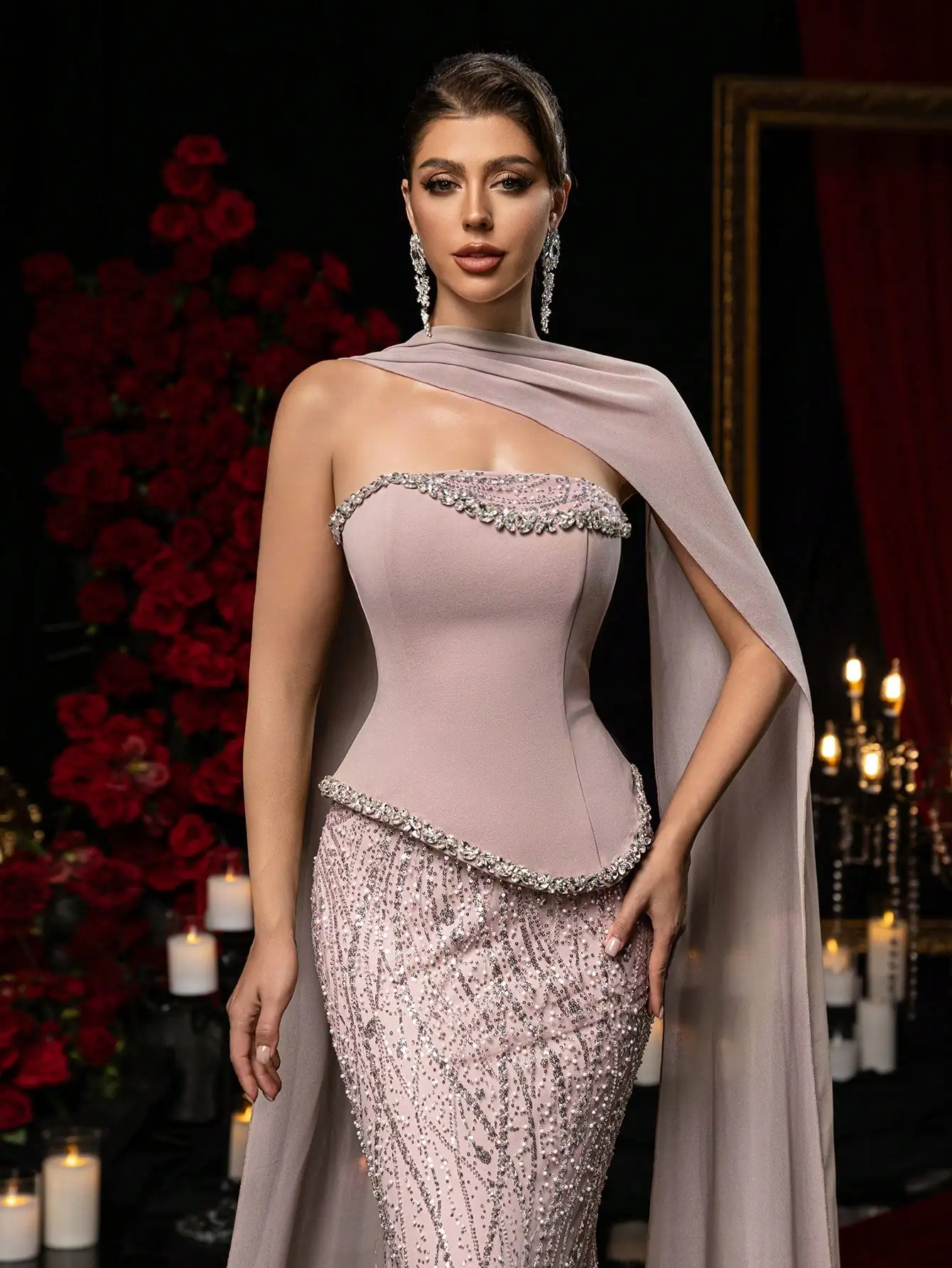 Elegant Mermaid Dress with Sequin Embellishments and Chiffon Cape, Perfect for Prom or Evening Events
Elegant Mermaid Dress with Sequin Embellishments and Chiffon Cape, Perfect for Prom or Evening Events