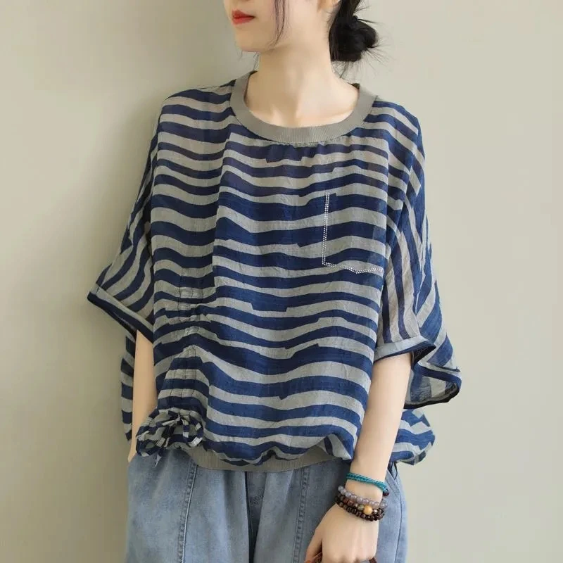 Loose Cotton Linen Women's T-irt Dstring Hem Stripe Pattern round Ne ort Sve Faionable Commute Sle Top
Loose Cotton Linen Women's T-irt Dstring Hem Stripe Pattern round Ne ort Sve Faionable Commute Sle Top
