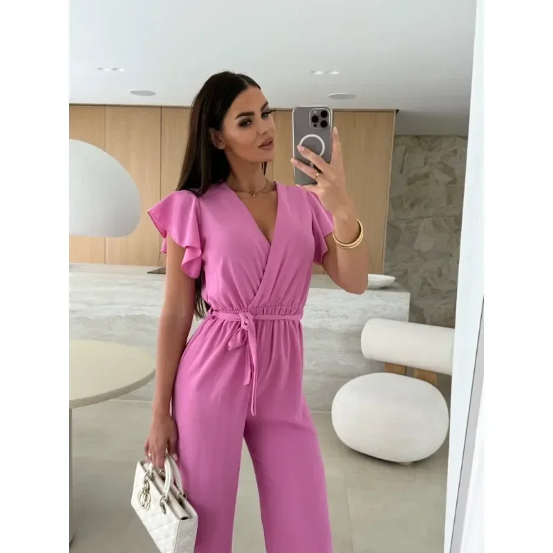 Women Fashion Solid Color Elegant Long Playsuit Ladies V-neck Short Sleeve Straight Jumpsuit Lace-up Hight Waist Playsuit
Women Fashion Solid Color Elegant Long Playsuit Ladies V-neck Short Sleeve Straight Jumpsuit Lace-up Hight Waist Playsuit