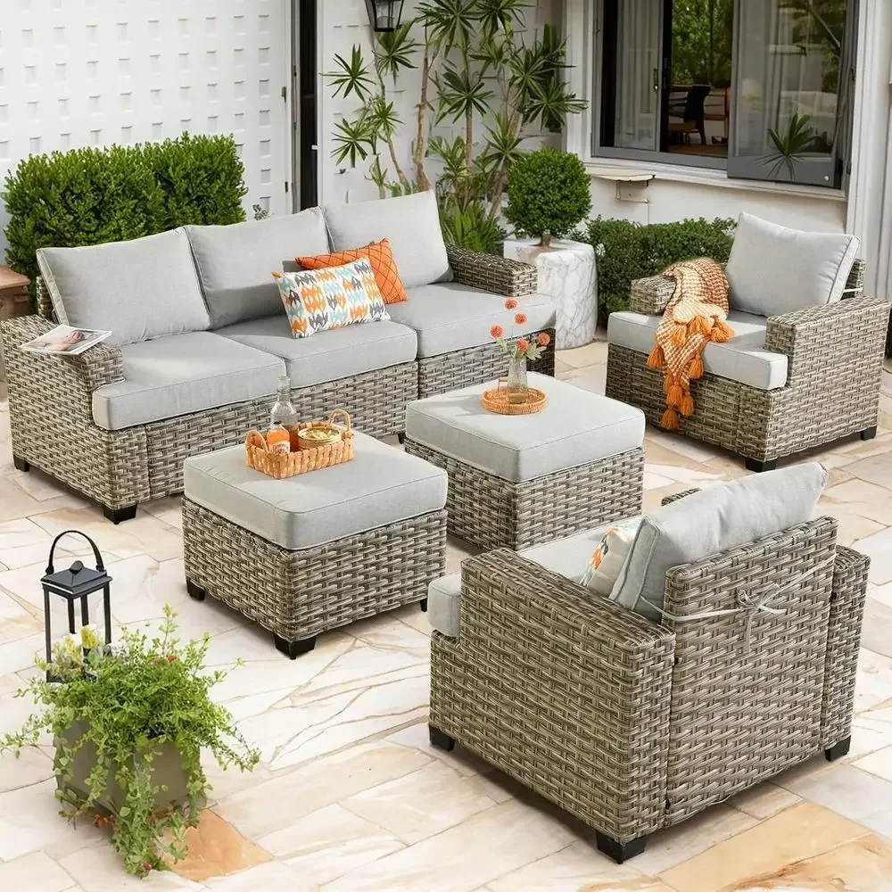 7-Piece Outdoor Sectional Patio Furniture Set with Rattan Wicker, Ottomans, and Grey Cushions
7-Piece Outdoor Sectional Patio Furniture Set with Rattan Wicker, Ottomans, and Grey Cushions