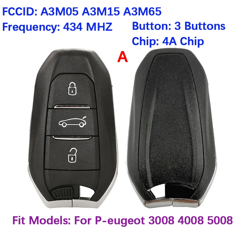 CN009070 Послепродажный 3-кнопочный смарт-ключ дистанционного управления FCC A3M05 A3M15 A3M65 4AChip 434 МГц KeylessGo для P-eugeot 3008 4008 5008 2018-24
CN009070 Послепродажный 3-кнопочный смарт-ключ дистанционного управления FCC A3M05 A3M15 A3M65 4AChip 434 МГц KeylessGo для P-eugeot 3008 4008 5008 2018-24