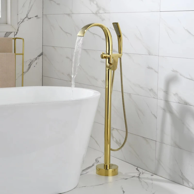 Uncoated Brass Double Handle Freestanding Floor-to-Floor Bath Faucet Set with Hand Shower for Bathroom
Uncoated Brass Double Handle Freestanding Floor-to-Floor Bath Faucet Set with Hand Shower for Bathroom