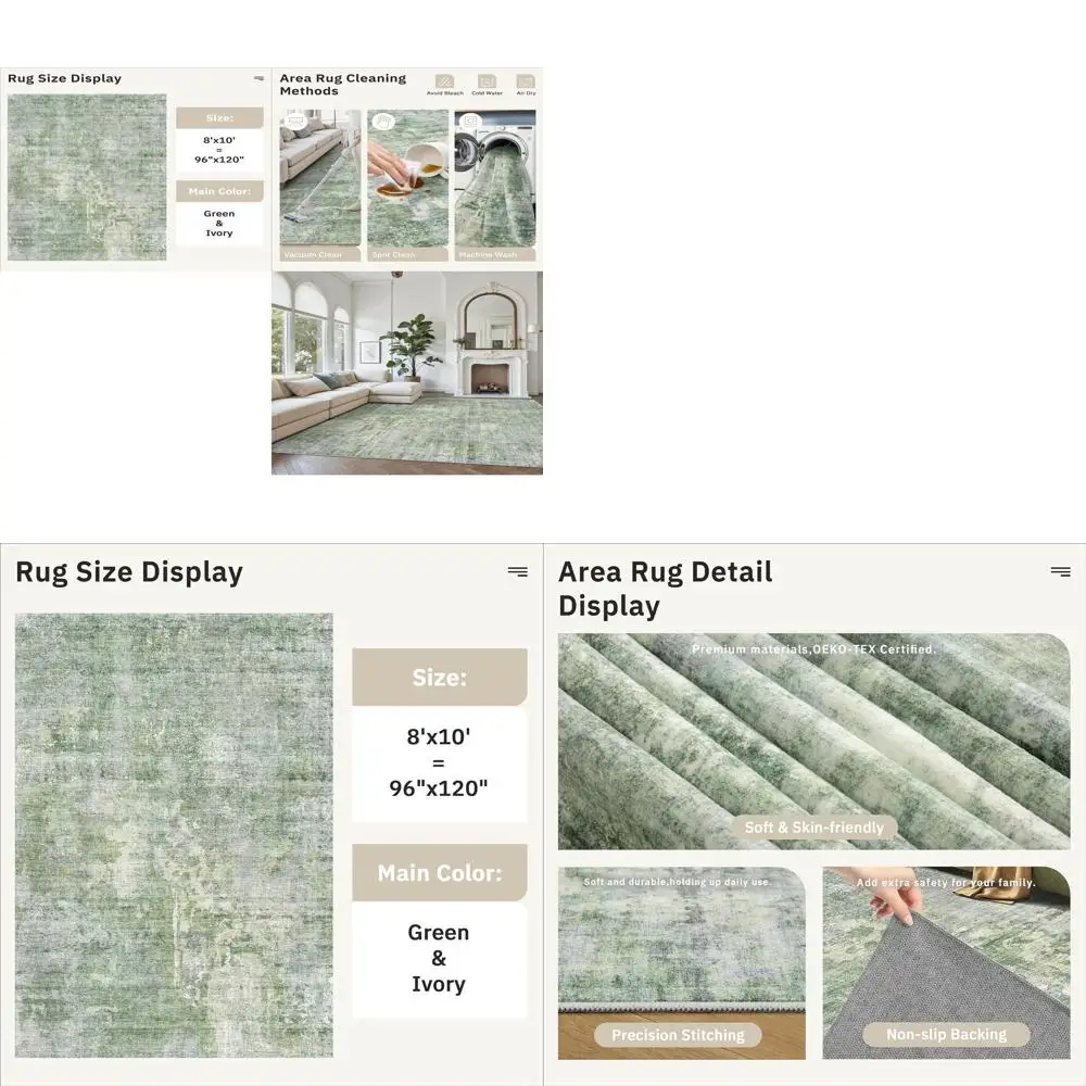 Large 8x10 Neutral Modern Washable Area Rug for Living Room, Bedroom, Dining Room - Non-Slip, Stain Resistant, Foldable Green
Large 8x10 Neutral Modern Washable Area Rug for Living Room, Bedroom, Dining Room - Non-Slip, Stain Resistant, Foldable Green