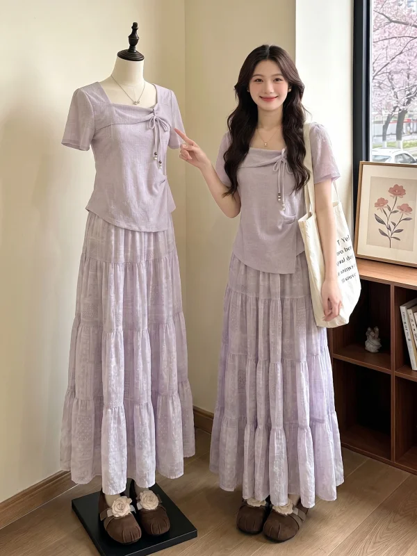 plus Size Women's Summer Outfit Purple Square Collar Short Sleeve T-Shirt Mesh Skirt Two-Piece Set Fashionable Casual Workwear
plus Size Women's Summer Outfit Purple Square Collar Short Sleeve T-Shirt Mesh Skirt Two-Piece Set Fashionable Casual Workwear