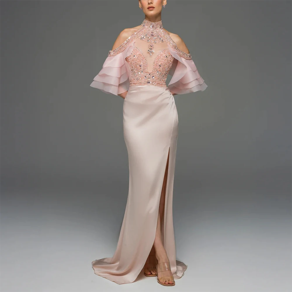 High Quality Luxury Satin Blush Pink Formal Evening Dresses with High Split Halter Neck Customizable Prom Gown for Floor-Length
High Quality Luxury Satin Blush Pink Formal Evening Dresses with High Split Halter Neck Customizable Prom Gown for Floor-Length