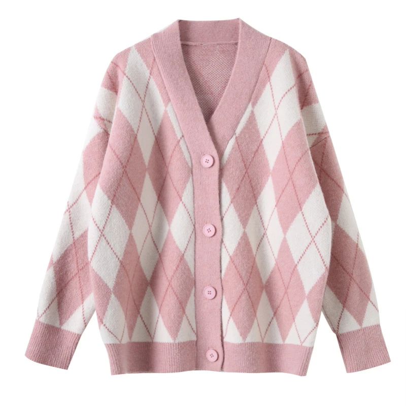 Antumn Knitted Sweater Cardigan Woman Coat Diamond Sweater Jumpers Long Sleeve Top Female Loose Pink Black Argyle Cardigan Women
Antumn Knitted Sweater Cardigan Woman Coat Diamond Sweater Jumpers Long Sleeve Top Female Loose Pink Black Argyle Cardigan Women