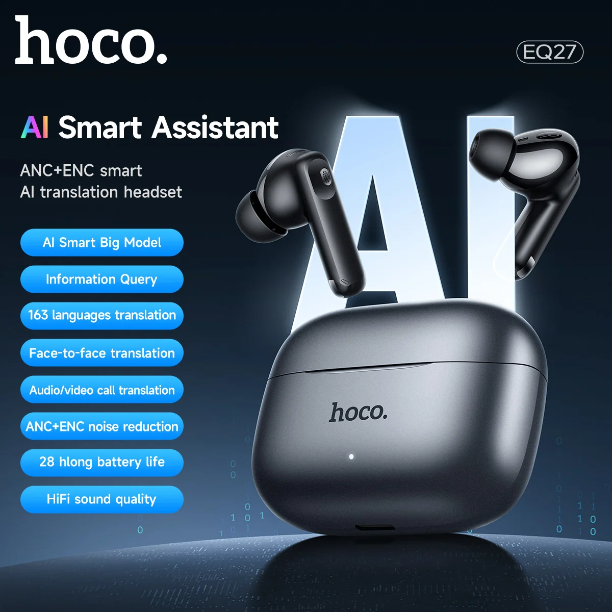 HOCO EQ27 Smart AI Translation Headset ANC,ENC Noise Cancelling with APP Control Function Wireless Earphones Portable Headphones
HOCO EQ27 Smart AI Translation Headset ANC,ENC Noise Cancelling with APP Control Function Wireless Earphones Portable Headphones