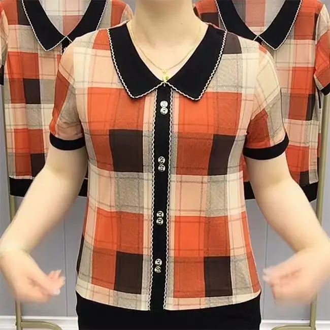 Chic Plaid Doll Collar Loose Fit Short Sleeve T-Shirt Women's Summer 2026 Mommy Style Top Age-Defying Large Size Ladies' Clot...
Chic Plaid Doll Collar Loose Fit Short Sleeve T-Shirt Women's Summer 2026 Mommy Style Top Age-Defying Large Size Ladies' Clot...