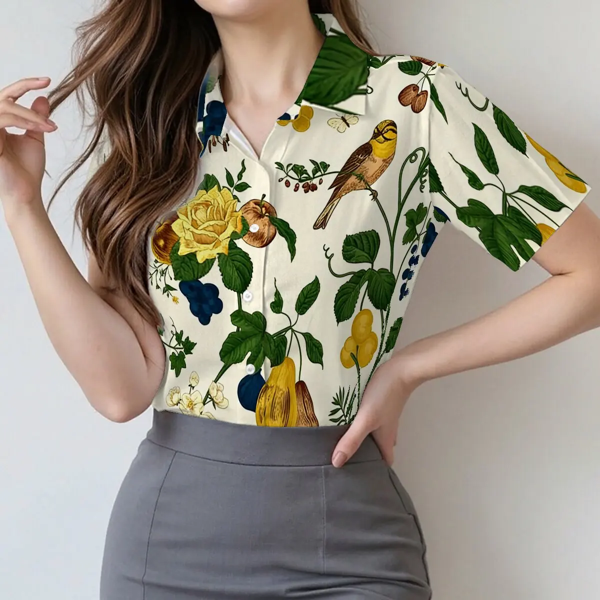 Summer women's short-sleeve shirt with retro botanical, flower and bird prints,pastoral resort style,lazy,casual and fashionable
Summer women's short-sleeve shirt with retro botanical, flower and bird prints,pastoral resort style,lazy,casual and fashionable