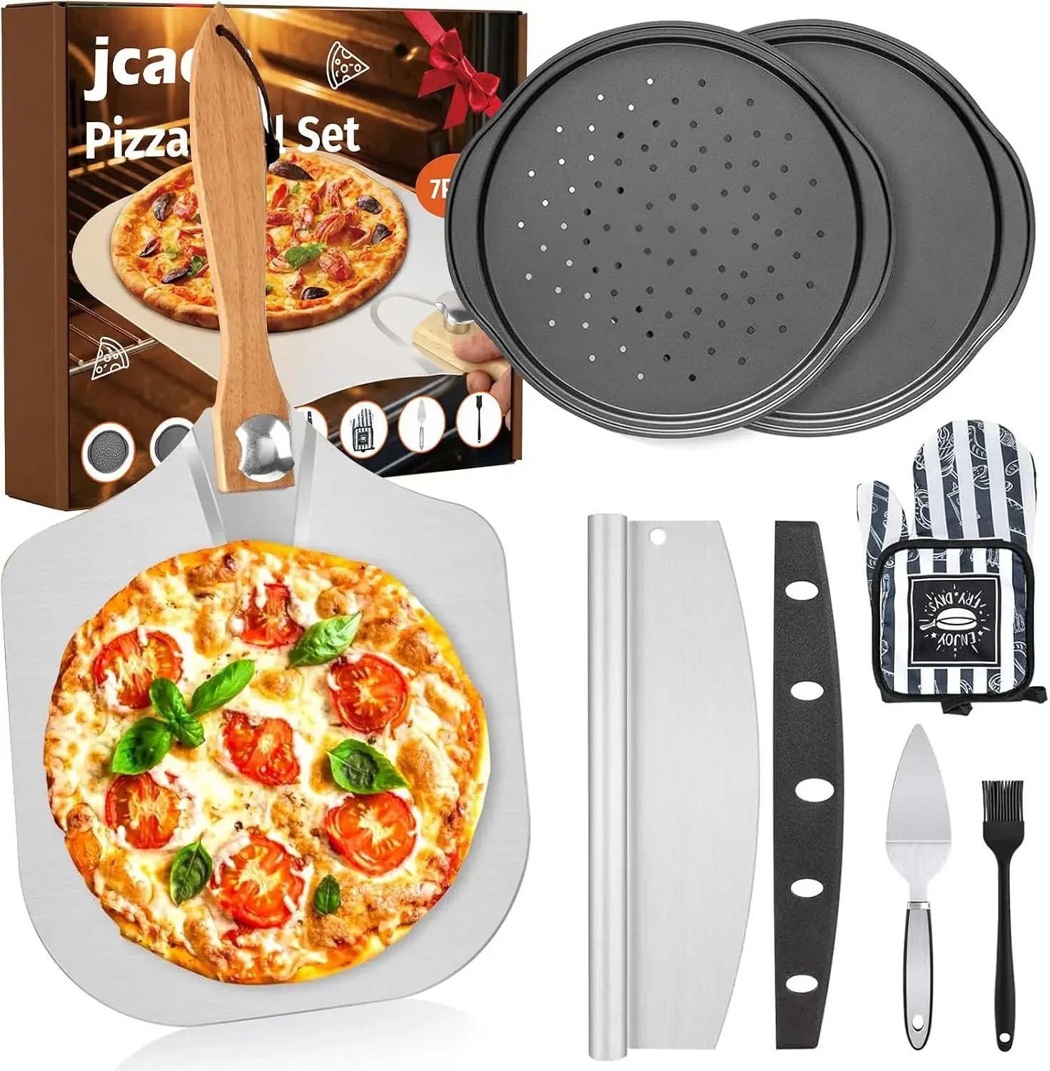 7Pcs Pizza Oven Accessories Set: 12" Foldable Metal Peel, 2 Pans, Cutter, Server, Mitts & Brush
7Pcs Pizza Oven Accessories Set: 12" Foldable Metal Peel, 2 Pans, Cutter, Server, Mitts & Brush