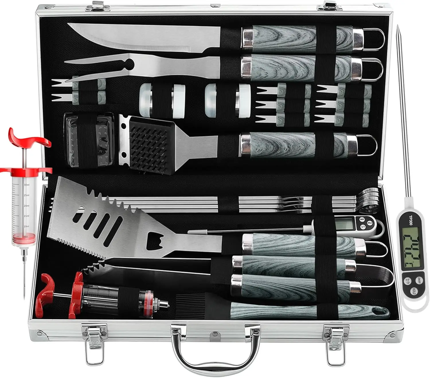 24PCS BBQ Grill Tools Set with Meat Thermometer, Injector & Aluminum Case - Stainless Steel Accessories for Men
24PCS BBQ Grill Tools Set with Meat Thermometer, Injector & Aluminum Case - Stainless Steel Accessories for Men