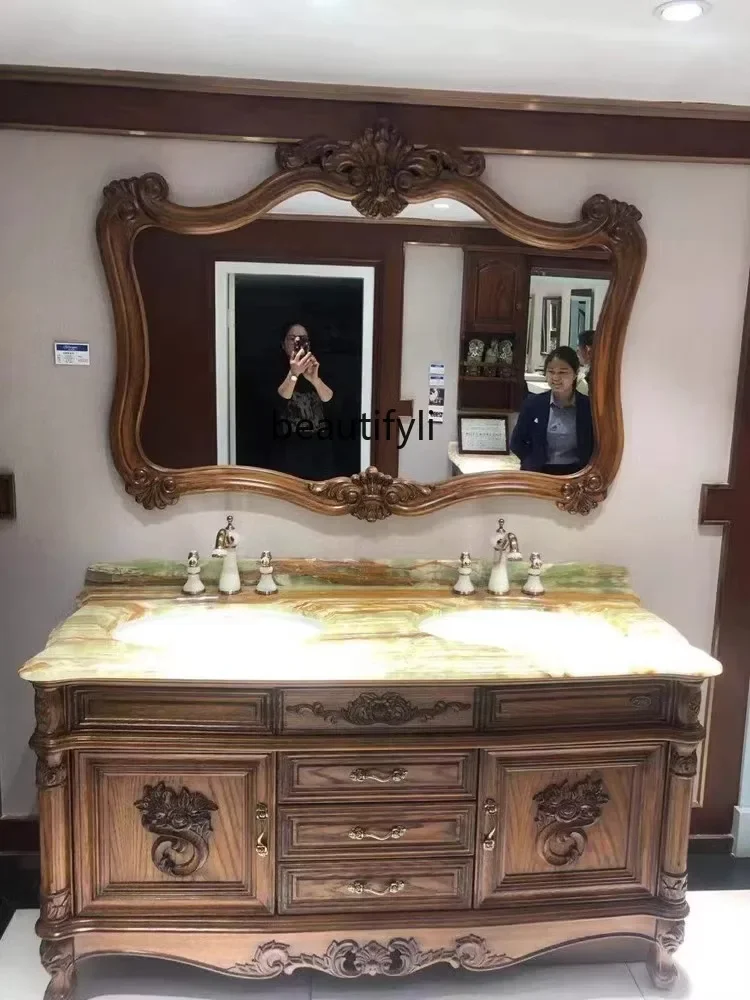 European antique bathroom cabinet oak solid wood marble countertop double basin wash basin bathroom combination1184
European antique bathroom cabinet oak solid wood marble countertop double basin wash basin bathroom combination1184