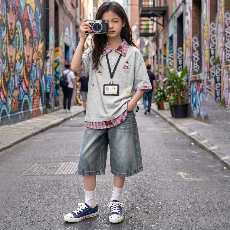 Children Clothes Girls Summer 2026 Cartoon Embroidery Short Sleeve Shirt and Wide Leg Jeans Suit for 110-170cm 19-55kg Age5-17
Children Clothes Girls Summer 2026 Cartoon Embroidery Short Sleeve Shirt and Wide Leg Jeans Suit for 110-170cm 19-55kg Age5-17