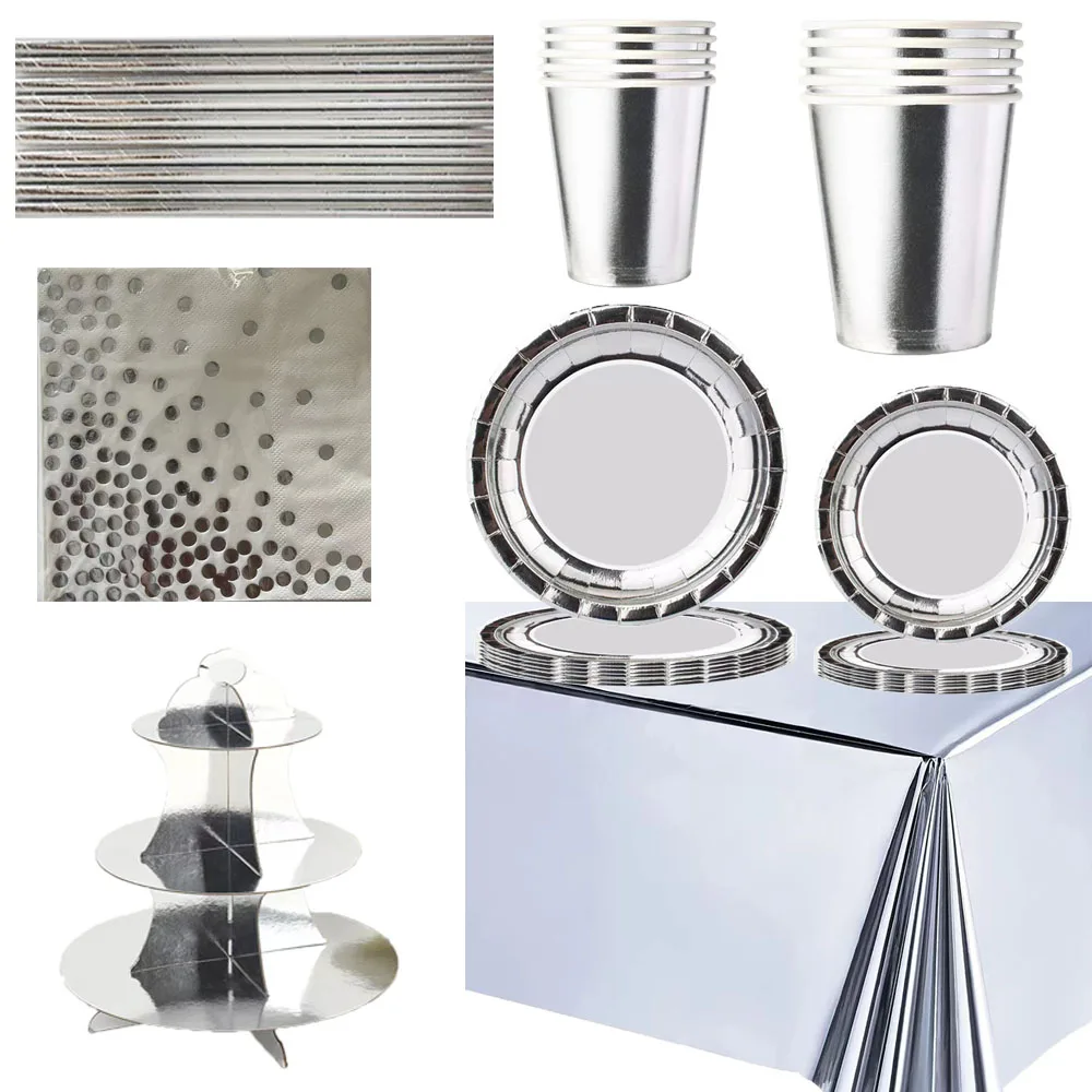 Silver Birthday Party Decor Disposable Tableware Set Gold Paper Plates Banner Tablecloth Wedding Baby Shower Party Supplies
Silver Birthday Party Decor Disposable Tableware Set Gold Paper Plates Banner Tablecloth Wedding Baby Shower Party Supplies