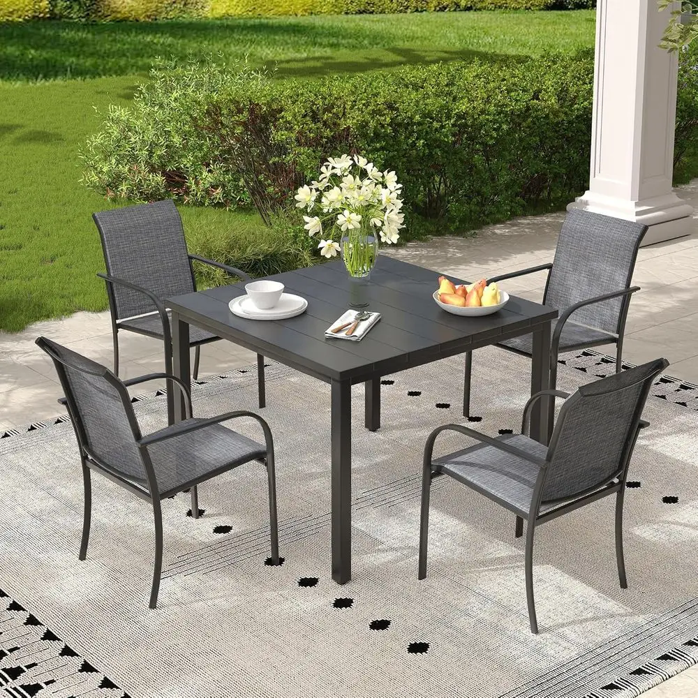4-Piece Outdoor Dining Set: 4 Stackable Chairs & 40.2 Square Table for Patio, Deck, Garden in Grey & Black
4-Piece Outdoor Dining Set: 4 Stackable Chairs & 40.2 Square Table for Patio, Deck, Garden in Grey & Black