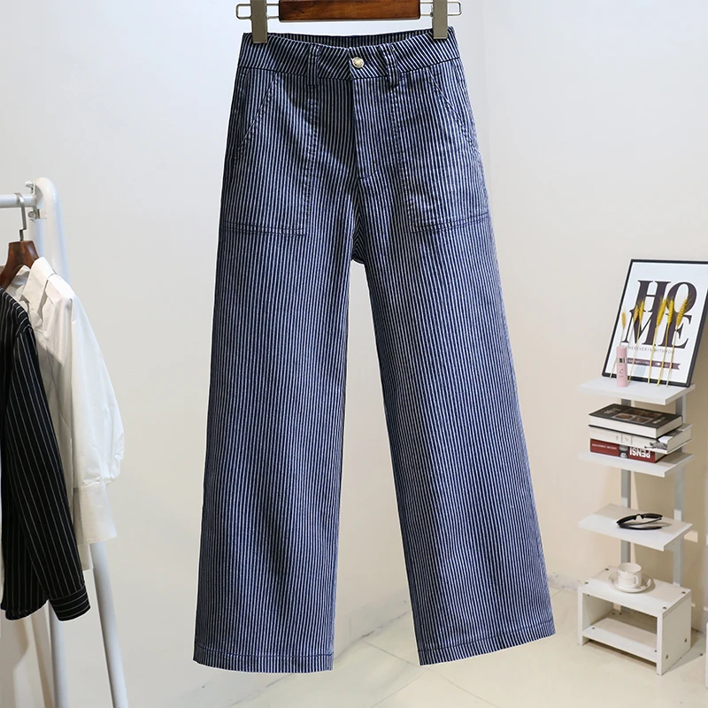 Autumn Women Wide Leg Pants Vintage Stripe Print Decoration Female Blue Denim Pants Temperament Causal Pants
Autumn Women Wide Leg Pants Vintage Stripe Print Decoration Female Blue Denim Pants Temperament Causal Pants