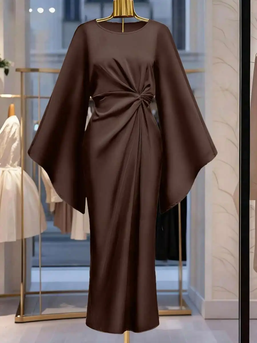 Brown Satin Formal Dress With Twist Design Flare Sleeve Round Neck Long Gown For Banquet Party
Brown Satin Formal Dress With Twist Design Flare Sleeve Round Neck Long Gown For Banquet Party
