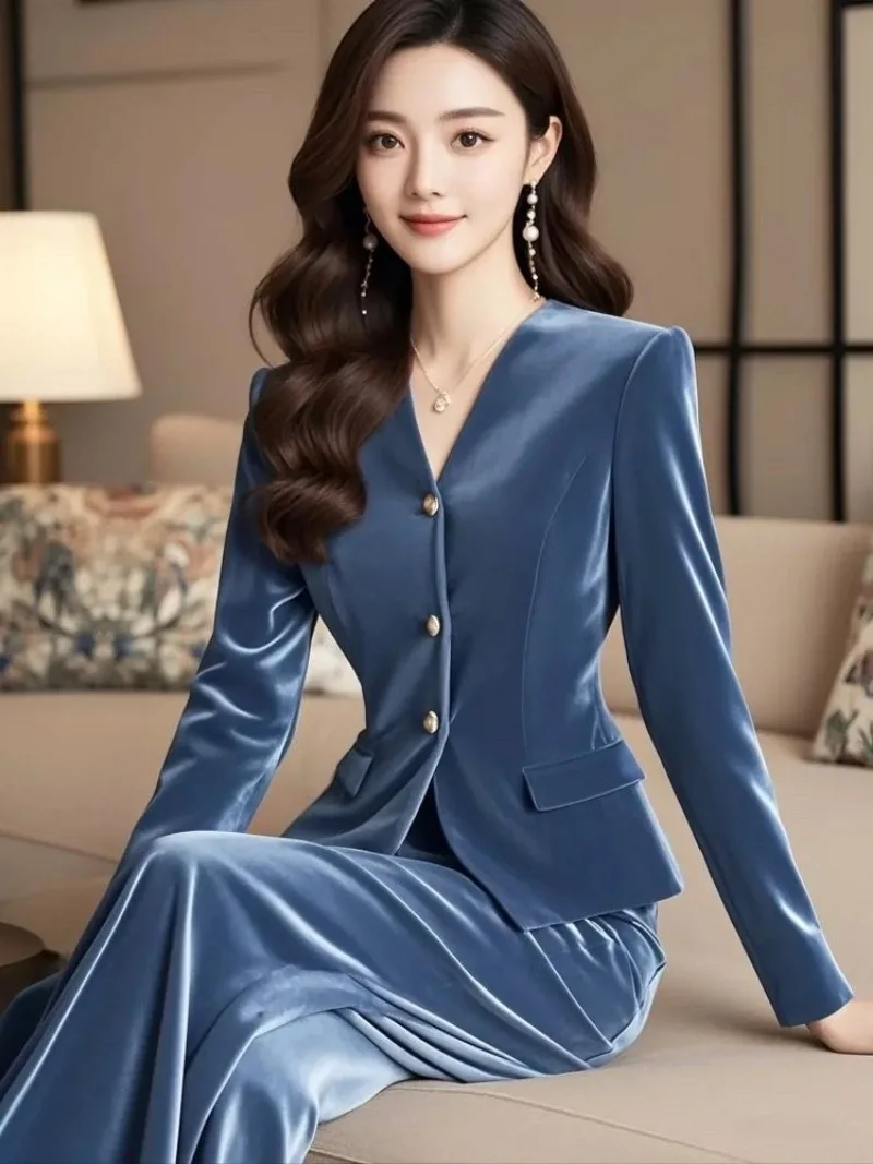Новый высококачественный осенний женский комплект из двух предметов, модное элегантное бархатное пальто с v-образным вырезом и длинными рукавами + прямые брюки, офисный женский костюм
Новый высококачественный осенний женский комплект из двух предметов, модное элегантное бархатное пальто с v-образным вырезом и длинными рукавами + прямые брюки, офисный женский костюм