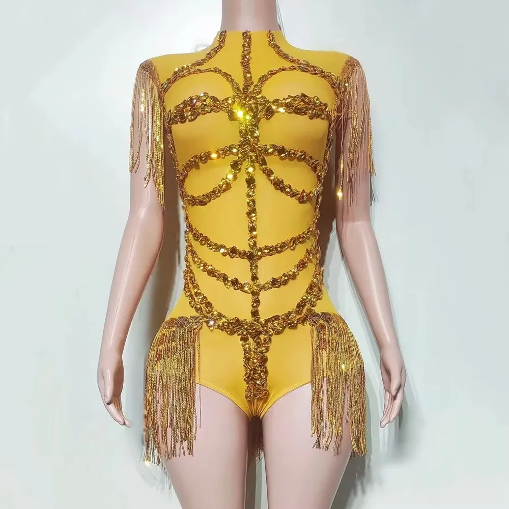 Women Sexy Tassel Gold Yellow Crystal Sequins Bodysuit for Nightclub Bar DJ Performance Dance Costume Stage Wear Transparent
Women Sexy Tassel Gold Yellow Crystal Sequins Bodysuit for Nightclub Bar DJ Performance Dance Costume Stage Wear Transparent