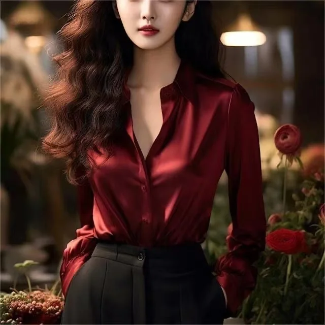 Red Satin Retro Shirt Women's Elegant Top Spring Fashion Commute Style Long Sleeve Loose Fit Button down Neck Shirt
Red Satin Retro Shirt Women's Elegant Top Spring Fashion Commute Style Long Sleeve Loose Fit Button down Neck Shirt