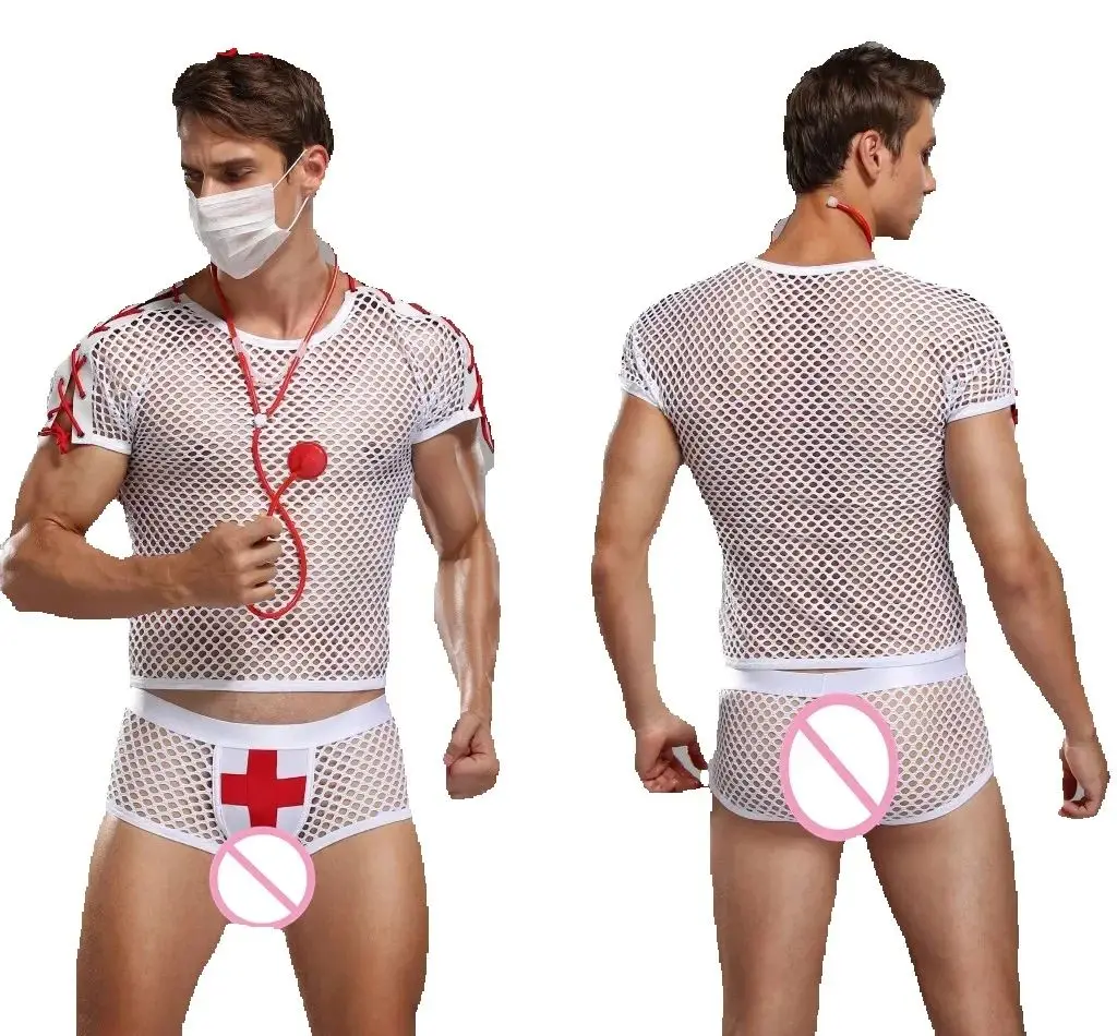 Red Bandage Shoulder Men Nurse Costume White Halloween Cosplay Uniform See Through Sexy Fish Net Shirt Panties Mask Role-Playing
Red Bandage Shoulder Men Nurse Costume White Halloween Cosplay Uniform See Through Sexy Fish Net Shirt Panties Mask Role-Playing